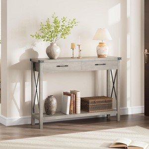 Farmhouse Console Table, 47 Inch Narrow Long Entryway Table with 2 Drawers Storage, 2 Tier Wood Console - 1 of 4