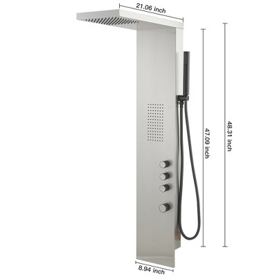 Brushed Nickel Multi-Function Shower Panel with Rainfall and Massage Jets