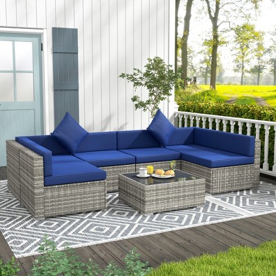 Mixed Gray and Blue PE Rattan Wicker 7-Piece Sectional Sofa Set