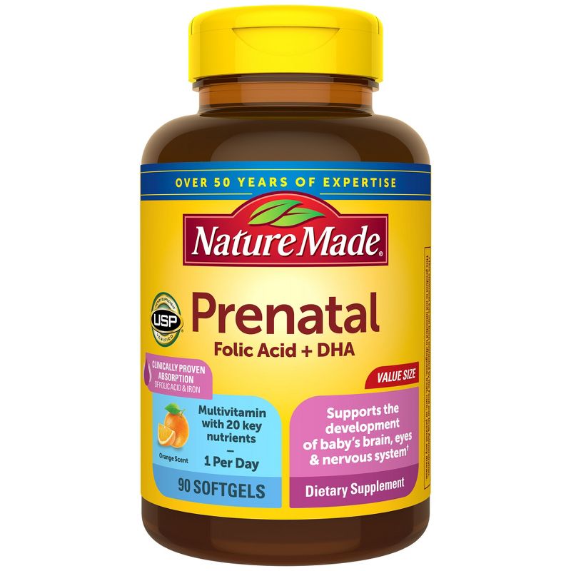 Nature Made Prenatal with Folic Acid + DHA, Prenatal Vitamin and Mineral Supplement Softgels, 1 of 17