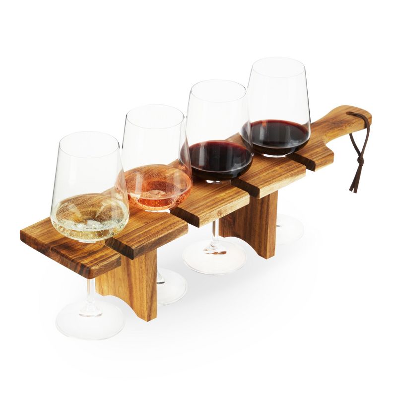 Twine Easy Wine Flight Server, Wine Tasting Carrier Board, Holds 4 Stemmed Wine Glasses, Acacia Wood Serving Tray, Set of 1, Brown, 3 of 4