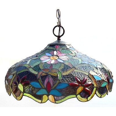 Victorian Tiffany-Style Bronze Pendant Lamp with Stained Glass Shade