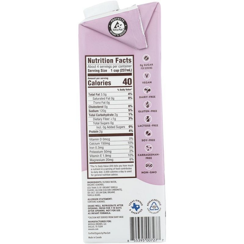 Mooala Organic Plant-Based Unsweetened Vanilla Bean Almond Milk - Case of 6/33.8 oz, 4 of 7