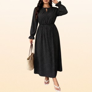 EadianDree Plus Size Womens Long Sleeve Keyhole Tie Neck Polka Dot Maxi Dress Casual High Waist Flounce Sleeve Long Dress : Target