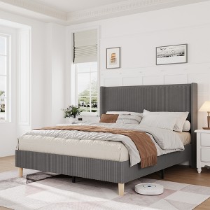 King Size Corduroy Bed Frame, with Vertical Channel Tufted Wingback Headboard, Strong Wooden Slats Support, No Box Spring Needed, Easy Assembly - 1 of 4