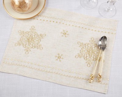 Elegant Beige Linen and Polyester Snowflake Embroidered Placemats, Set of 4