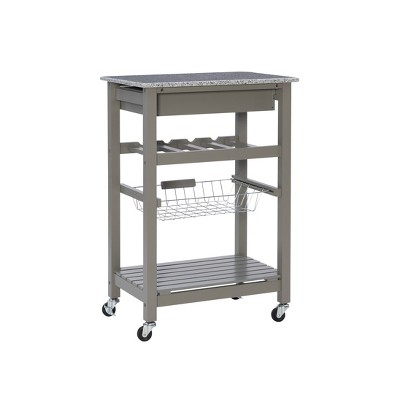 Gray Granite Top Kitchen Cart with Wine and Spice Rack