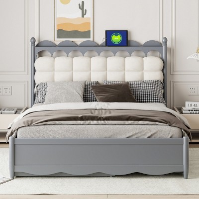 Wooden Queen Size Bed Frame With 2 Storage Drawers And Twin-XL Size Trundle,Platform Bed With One Set Of Sockets And USB Ports -Maison Boucle