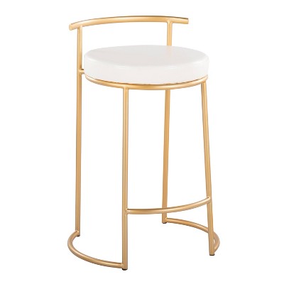 Set of 2 White Leather and Gold Metal Counter Stools