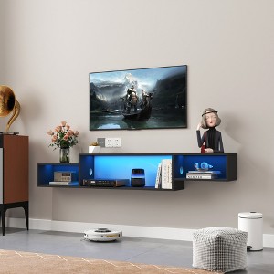 VYNXARIA 65.35in Wall Mounted Floating TV Stand with 20 Color LEDs and Charging Station,Black - 1 of 4