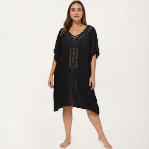 Anna-Kaci Women's Swim Cover Up Kaftan Dress with Crochet Cutout Trim Loose Short Sleeves Relaxed Midi Fit - Black