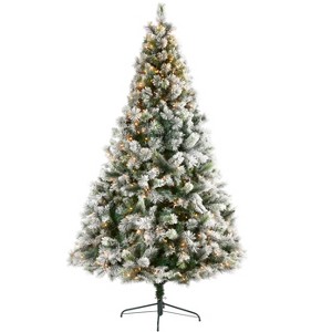 Nearly Natural 8-ft Flocked Oregon Pine Artificial Christmas Tree with 500 Clear Lights and 1172 Bendable Branches - 1 of 4