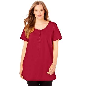 Woman Within Women's Plus Size Perfect Short-Sleeve Scoop-Neck Henley Tunic