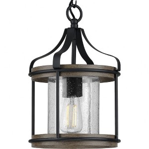Progress Lighting Brenham Collection 1-Light Black Mini-Pendant, Steel, Matte Black, Seeded Glass Shade - 1 of 3