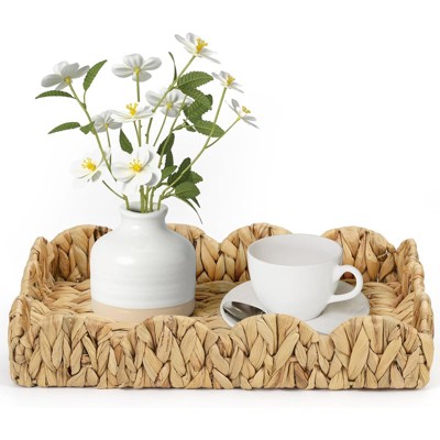 BRINJOY Water Hyacinth with Scalloped Edge Woven - 15.8x11.5 Inch Rectangular Tray with Handles for Farmhouse Kitchen Counter Living Room Decor