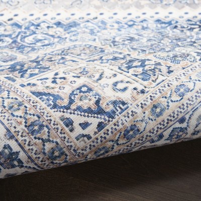 Beige Blue Floral Synthetic Flatweave Runner Rug