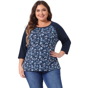 Agnes Orinda Women's Plus Size Round Neck 3/4 Raglan Sleeves Floral Printed Dressy Casual Peasant Tops - 1 of 4