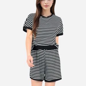 Anna-Kaci Lounge Women's Striped Lounge Set with Cuffed Short Sleeve Top and Elastic Waist Shorts - 1 of 4