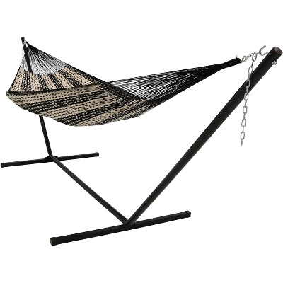 Sunnydaze Mayan Family Hammock Hand-Woven XXL Thick Cord with Stand - 400 lb Weight Capacity/15' Stand - Black and Natural