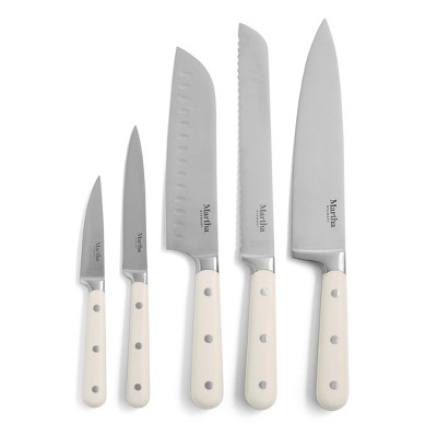 Linen White 14-Piece Stainless Steel Knife Set with Acacia Block