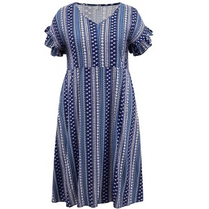 Women's Plus Size Boho Floral Stripe V Neck Ruffle Sleeve Pockets Flowy Casual Beach Midi A Line Dresses - GRACE & GRANDEUR - 1 of 4