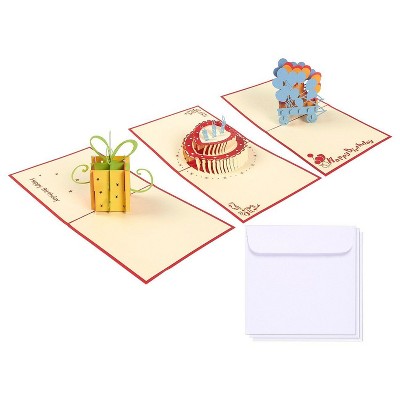 3-Pack 3D Pop Up Happy Birthday Greeting Card Cakes/Present/Balloon w/Envelopes