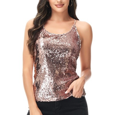 Anna-kaci Women's Scoop Neck Razer Back Sequin Spaghetti Strap Camisole  Tank Top Blouse - Large , Pink : Target