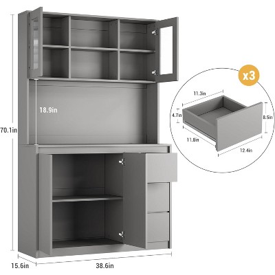 71" Tall Grey Kitchen Pantry Cabinet with LED Lights, Power Outlets, Microwave Stand, Adjustable Shelves, Handless Design, Storage Hutch