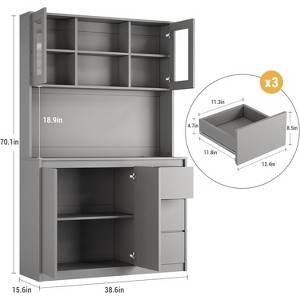 71" Tall Grey Kitchen Pantry Cabinet with LED Lights, Power Outlets, Microwave Stand, Adjustable Shelves, Handless Design, Storage Hutch - 1 of 4
