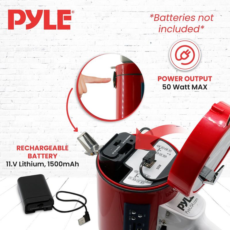 Pyle Megaphone 50-Watt Siren Bullhorn - White & Red, 5 of 8