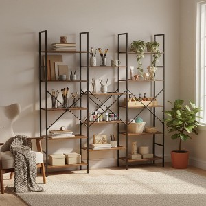 FurnitureR Bookshelf 5-Tier Triple-Column, Bookcase with 14 Open Display Shelves, Rustic Industrial Style Book Shelves, Wide Book Case, Rustic Brown - 1 of 4