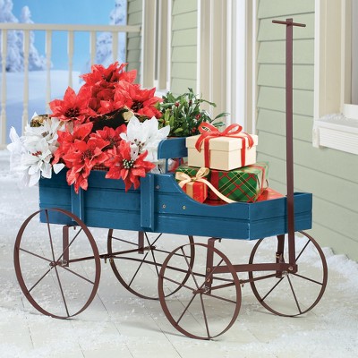 Blue Wooden Wagon Planter with Iron Wheels for Indoor/Outdoor Use