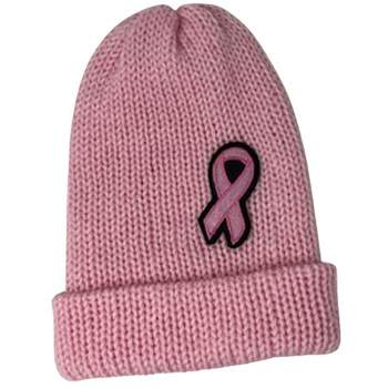 Adult Breast Cancer Awareness Embroidered Ribbon Beanie Hat Handmade Double Knit