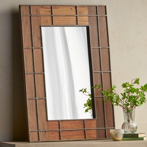 Wooakway 40" x 28" Rustic Industrial Mirror Wood and Metal Grid Design - 1 of 4