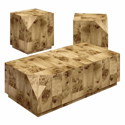 Moxie Coffee and End Table, 3 pc Set, Burl Veneer