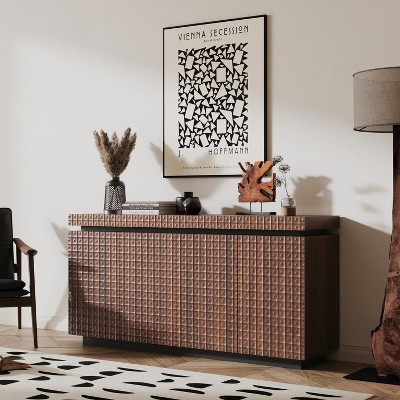Angel Sar 58.3" Modern Sideboard Buffet Cabinet, 4-Door Storage Cabinet with Anti-Tip Design for Kitchen, Living Room, or Entryway, Brown