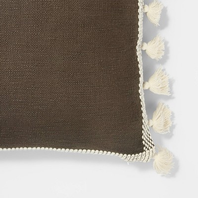 Brown Cotton Square Throw Pillow with Cream Tassels