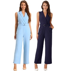 INSPIRE CHIC Women's Casual Sleeveless Shawl Collar Office Belted Cropped Jumpsuit 2 Packs - 1 of 4