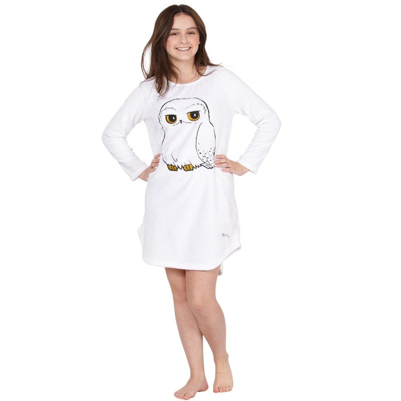 Harry Potter Pajama Girls' Hedwig Owl Micro Raschel Fleece Hi-Lo Nightgown Costume, 3 of 8