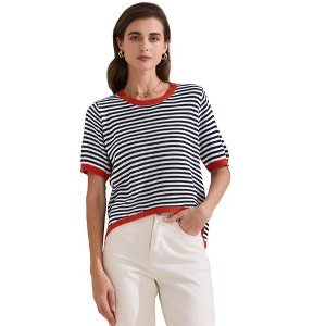 INSPIRE CHIC Women's Summer Striped Knitted Short Sleeve Trendy Loose Fit Pullover T-Shirt - 1 of 4