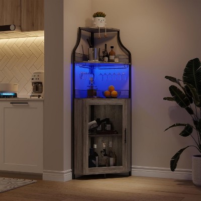 Homfan 5-Tier Corner Bar Cabinet with Lights, Adjustable Shelves & Glass Doors - Home Liquor Wine Display