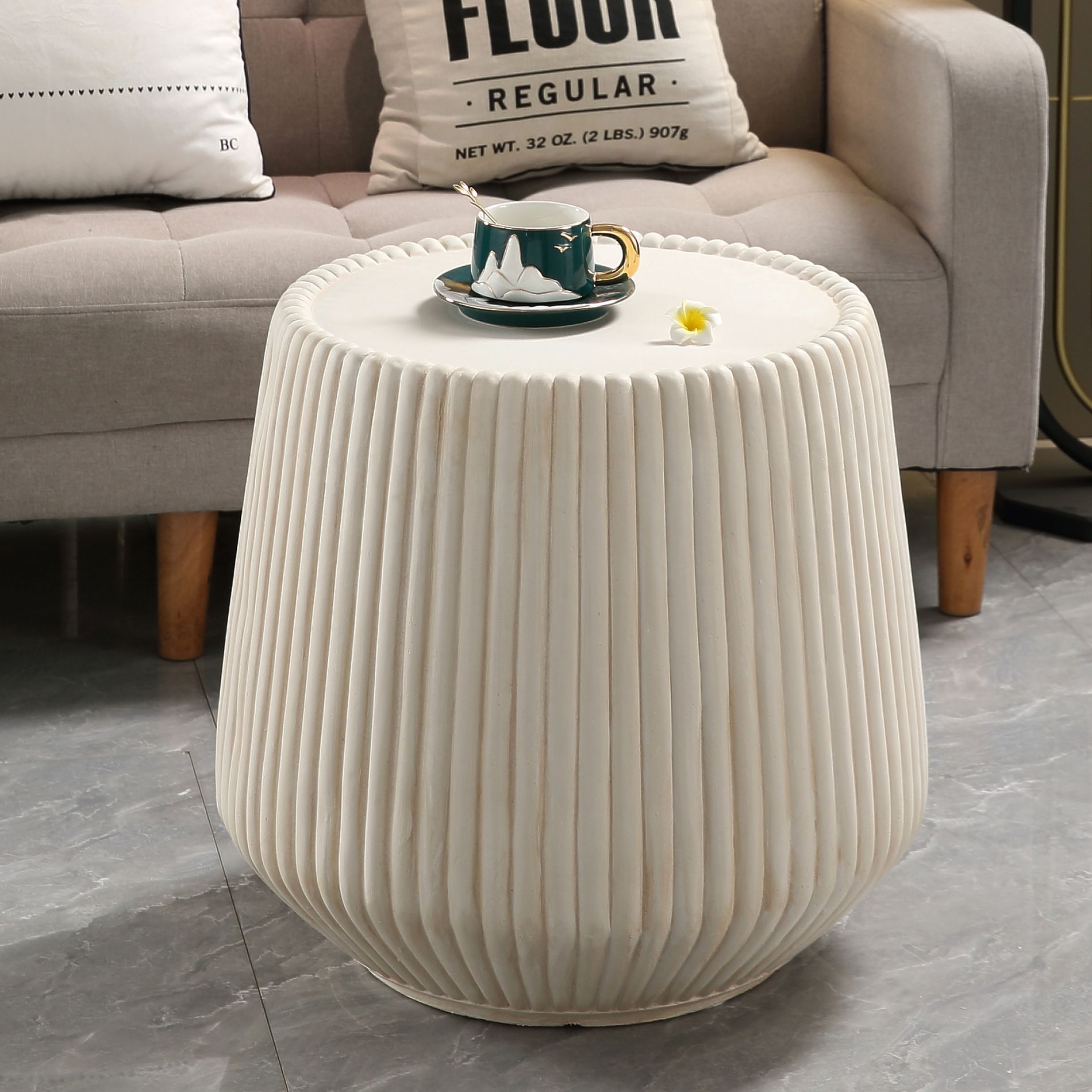 GDFStudio Jabari Modern Lightweight Concrete Outdoor Tapered Side Table with Fluted Design, White