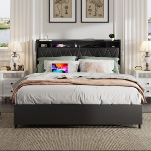 CAVINAS Full/Queen Size Platform Bed with Ergonomic Headboard,Faux Leather Bed Frame with Storage Shelf and Outlets,Box Spring Not Required - 1 of 4