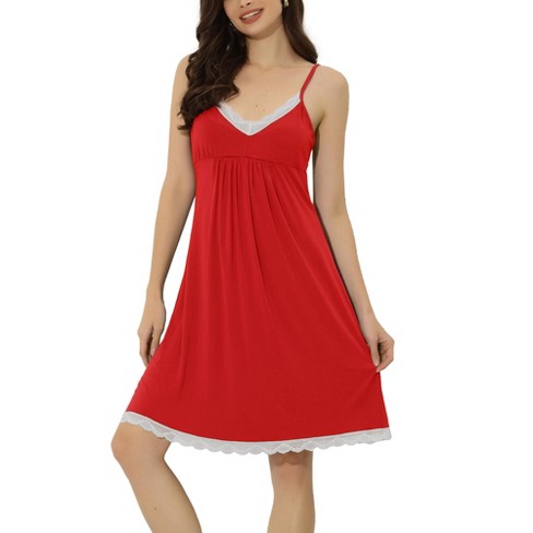 cheibear Womens Sleeveless Pajamas Tank Dress with Pockets V-Neck Sleepwear  Lounge Nightgowns Red Small