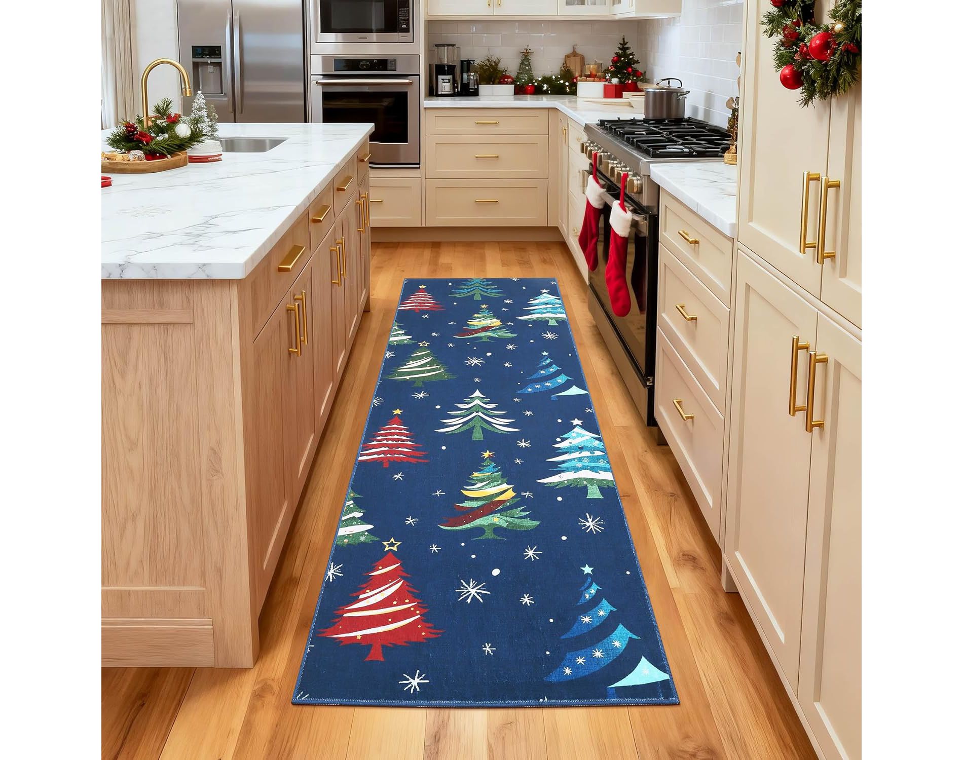 Christmas Runner Rug, Washable Indoor Non Slip Carpet, Low Pile Xmas Tree Kitchen Hallway Entryway Rug, Soft Holiday Decor Mat