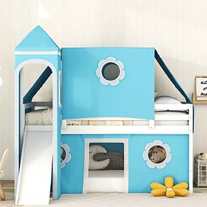 House Loft Bed with Tent Tower Small Windows Sturdy Twin Loft Bed Solid Wood Loft Bed Furniture Bunk Bed for Kids Teens Home Bedroom Living Room - 1 of 4