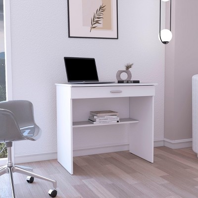 INFURNIC Desks Compact Writing Desk with Storage Drawer and Lower Shelf for Organized Workspace, White, 19.6"*31.5"*29"