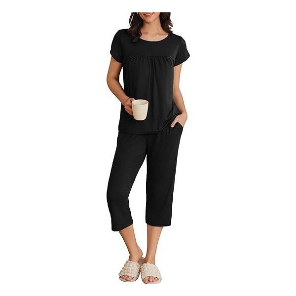 Pijama de Mujer Ekouaer, Manga Corta, con Plisados Florales, Pantalón Capri, con Bolsillos, Flores Verdes Talla L 3