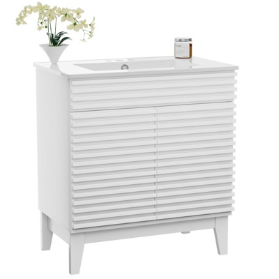 ROOMTEC 24 in. Bathroom Vanity with Ceramic Sink, Mid-Century Cabinet with 2 Soft-Close Doors, Freestanding, Wood Grain Laminate, Walnut