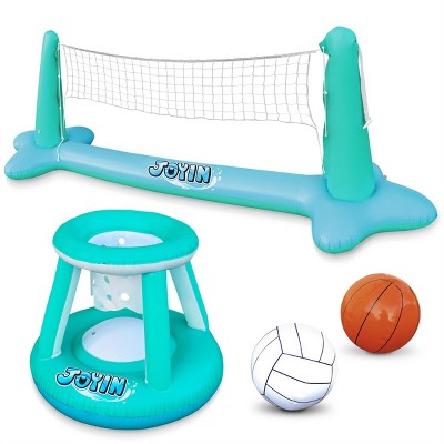 Large Blue Inflatable Pool Float Set with Volleyball Net and Basketball Hoops